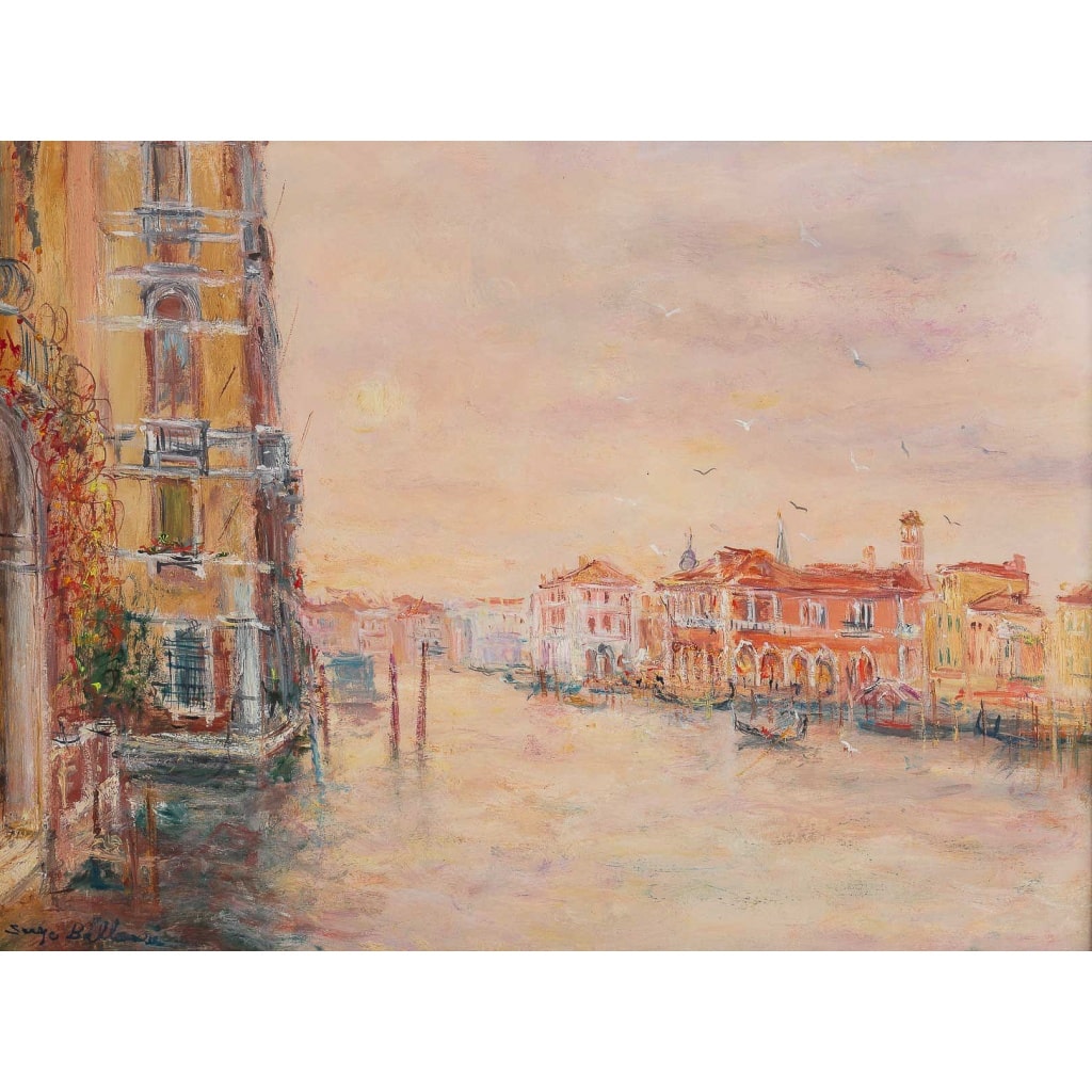 Serge Belloni (1925-2005) – L’Aube sur la Maison Rose sur le Grand Canal huile sur panneau vers 1970 | Biron 