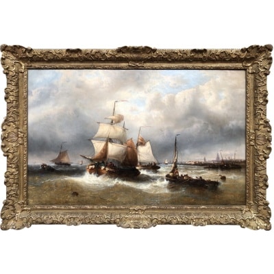 MUSIN François Ecole Belge 19è Marine Navires Quittant Le Port Huile sur Toile Signée Certificat d'authenticité