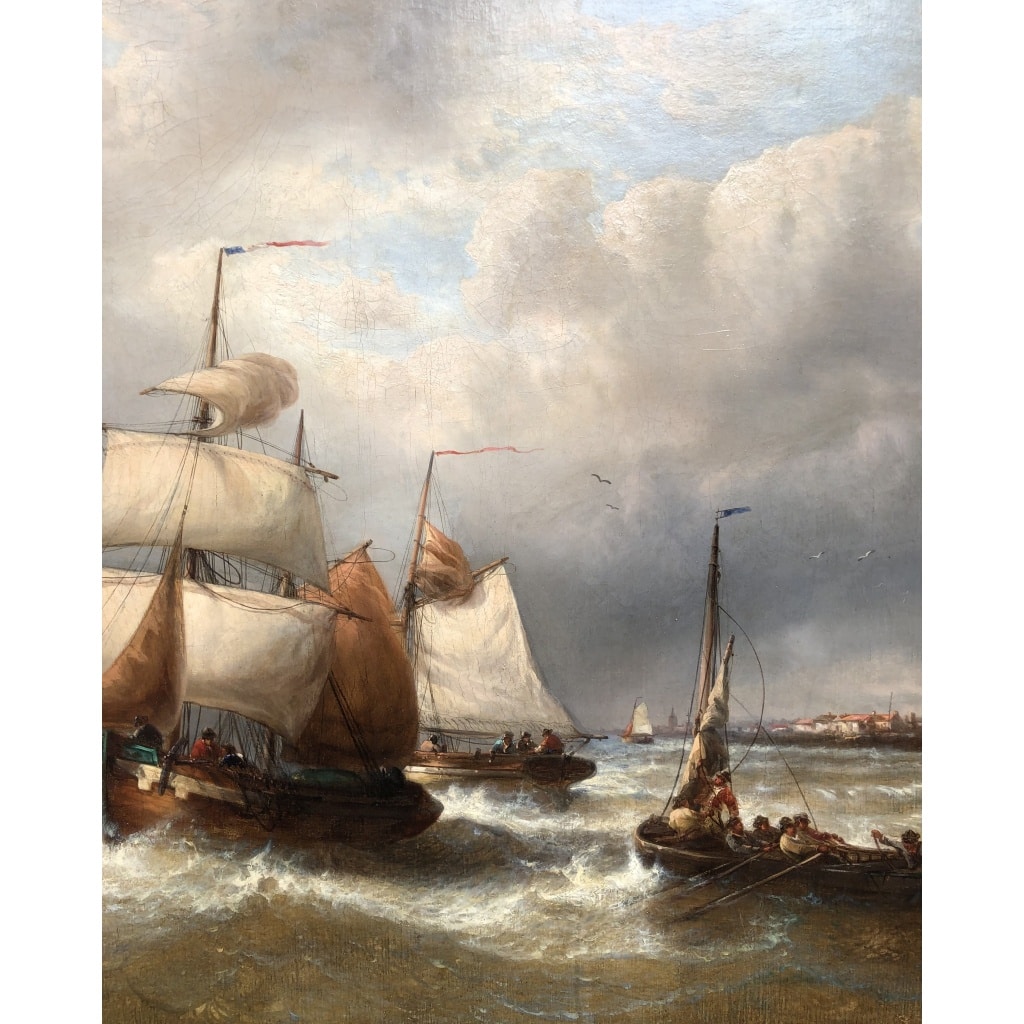 MUSIN François Ecole Belge 19è Marine Navires Quittant Le Port Huile sur Toile Signée Certificat d’authenticité | Biron 