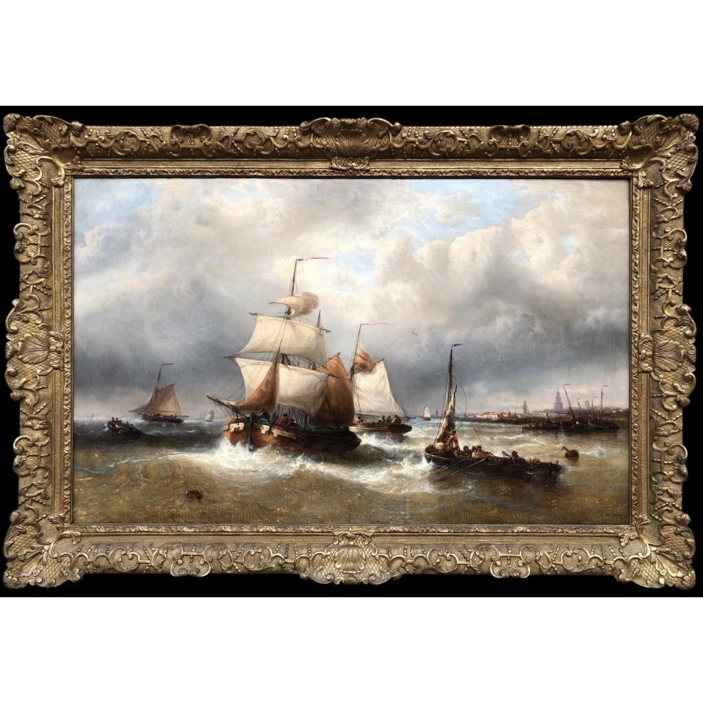 MUSIN François Ecole Belge 19è Marine Navires Quittant Le Port Huile sur Toile Signée Certificat d’authenticité | Biron 