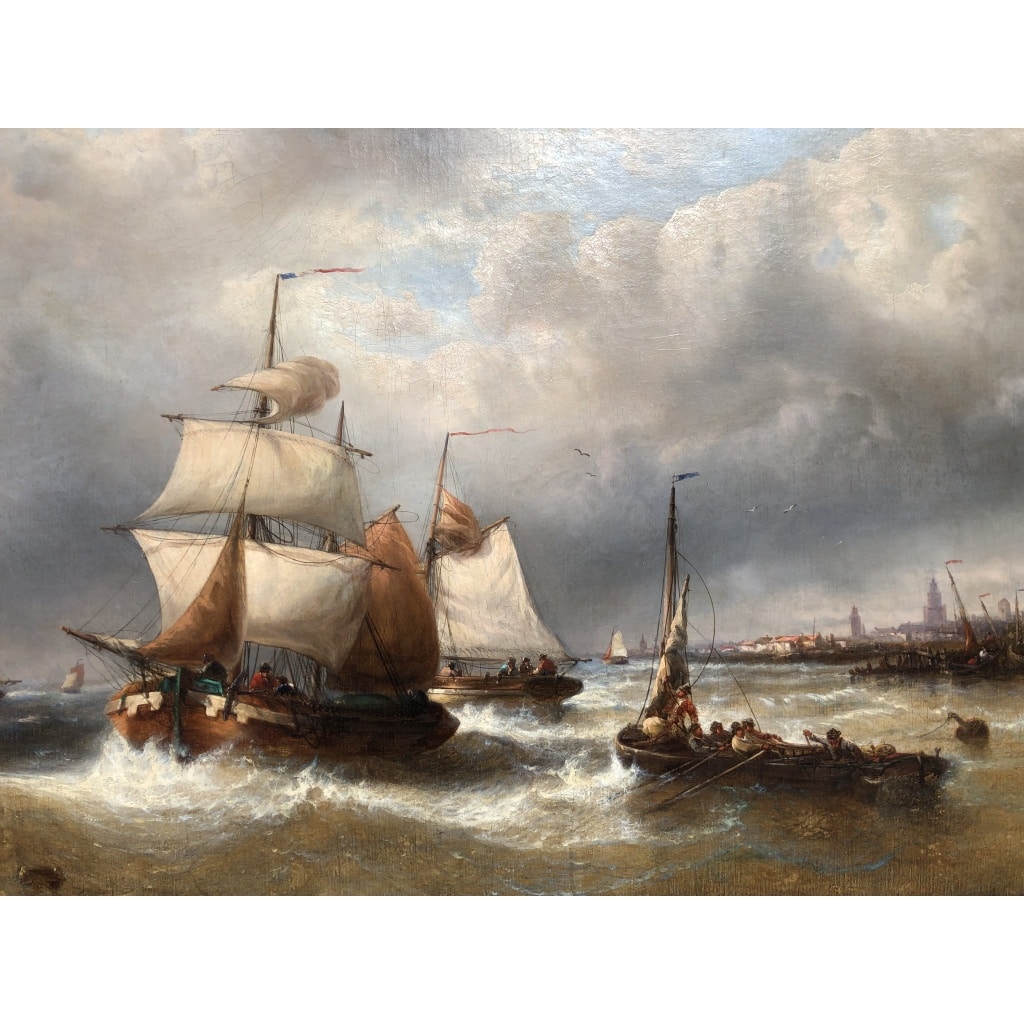 MUSIN François Ecole Belge 19è Marine Navires Quittant Le Port Huile sur Toile Signée Certificat d’authenticité | Biron 