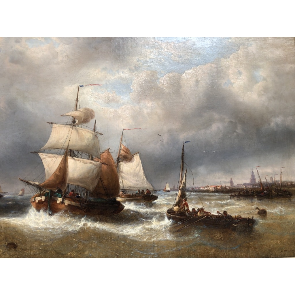 MUSIN François Ecole Belge 19è Marine Navires Quittant Le Port Huile sur Toile Signée Certificat d’authenticité | Biron 