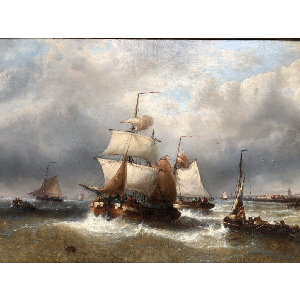 MUSIN François Ecole Belge 19è Marine Navires Quittant Le Port Huile sur Toile Signée Certificat d’authenticité | Biron 