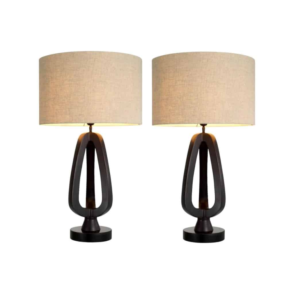 Paire de lampes de table en bronze patiné et base en granit noir. | Biron 
