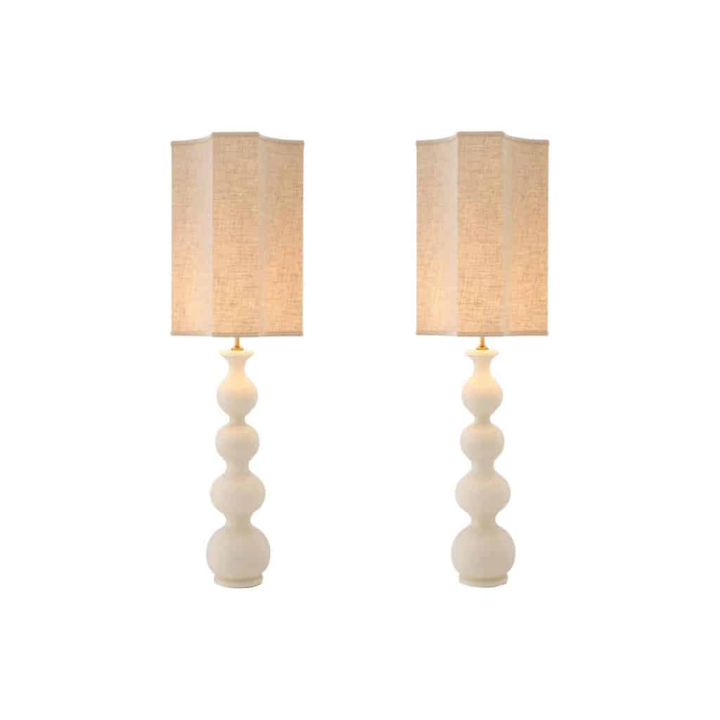 Paire de lampes de table en céramique blanche craquelée et laiton patiné. | Biron 