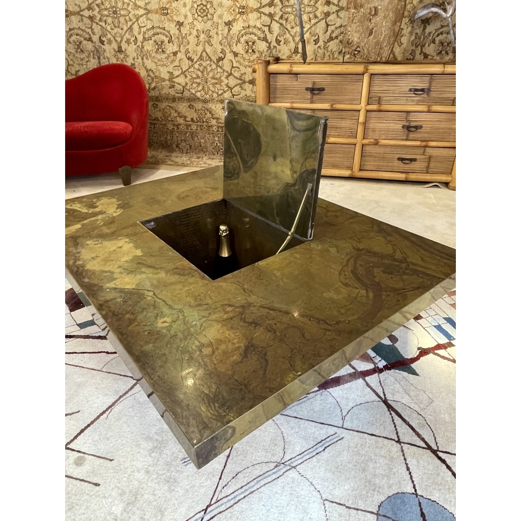 Table basse bar en laiton oxydé, 1970s | Biron 