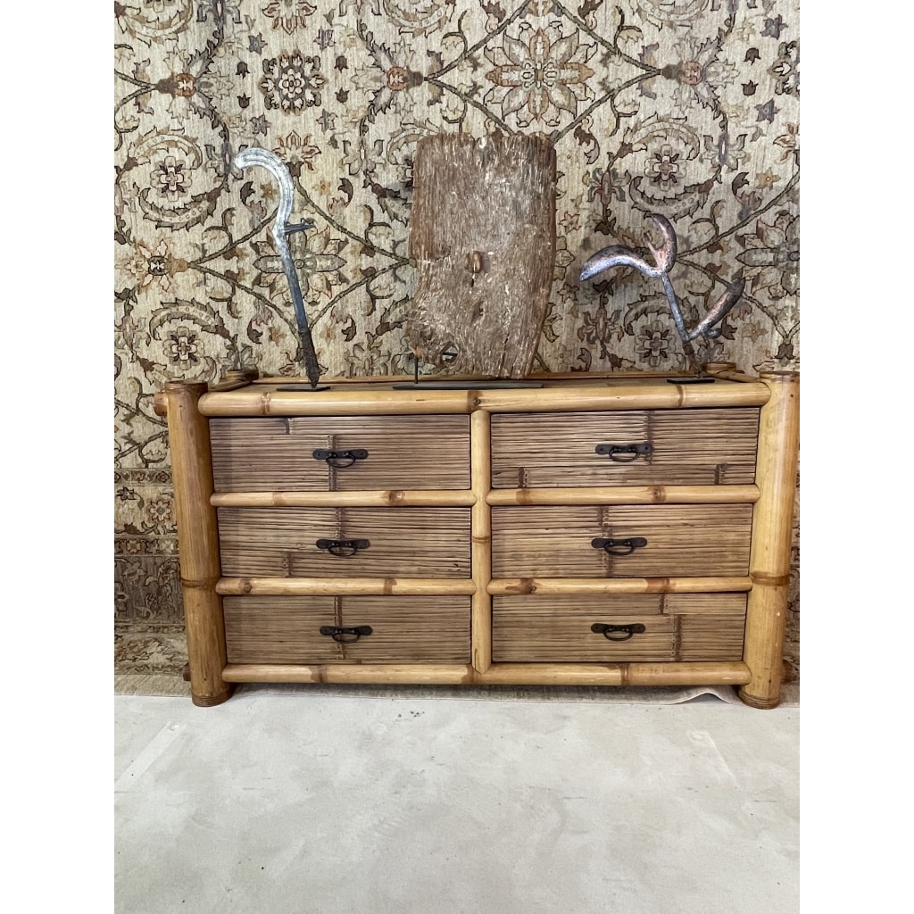 Commode en bambou, 6 tiroirs, années 70 | Biron 