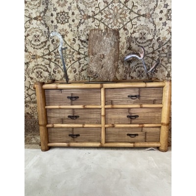 Commode en bambou, 6 tiroirs, années 70