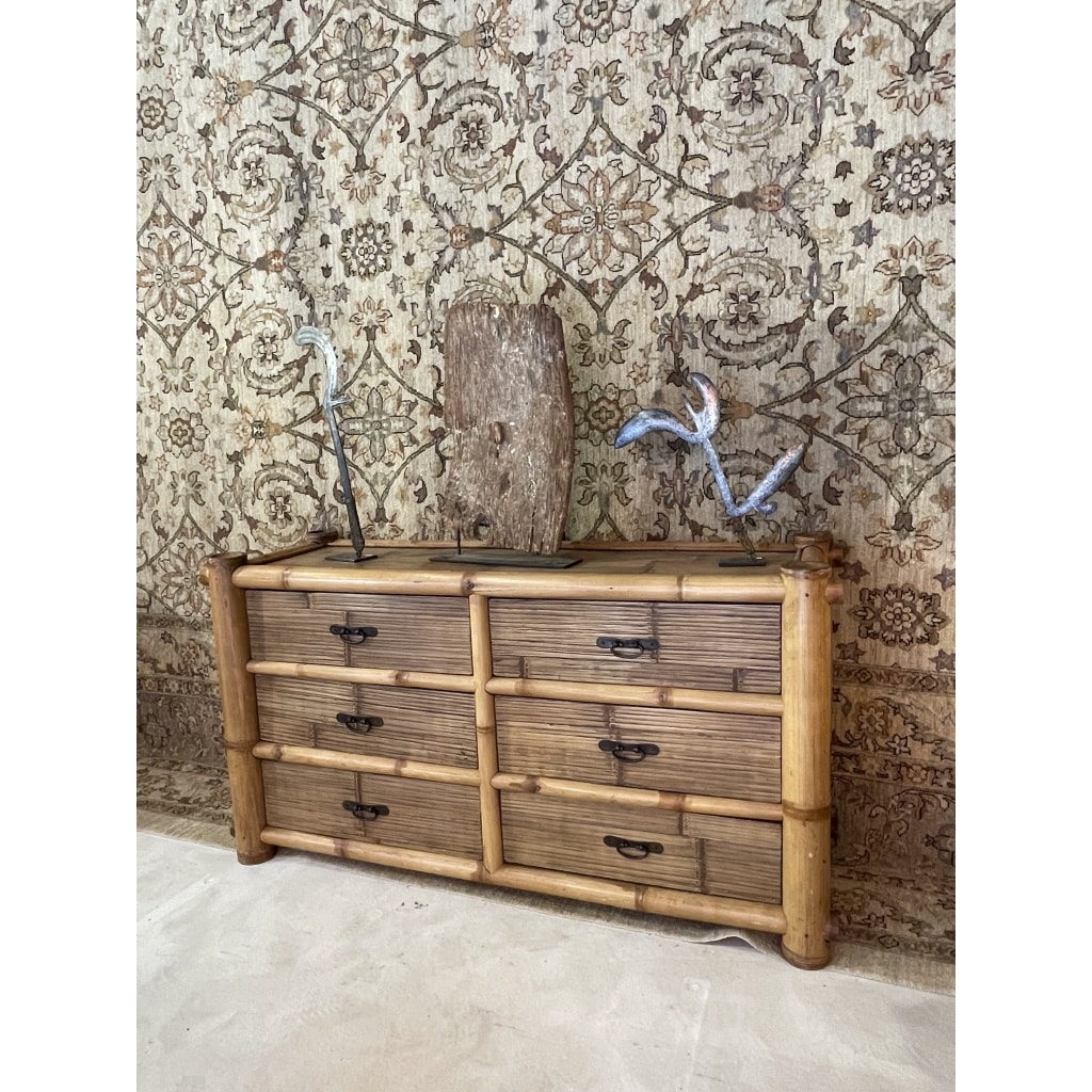 Commode en bambou, 6 tiroirs, années 70 | Biron 