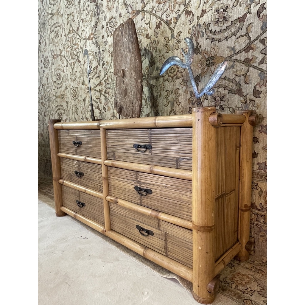 Commode en bambou, 6 tiroirs, années 70 | Biron 