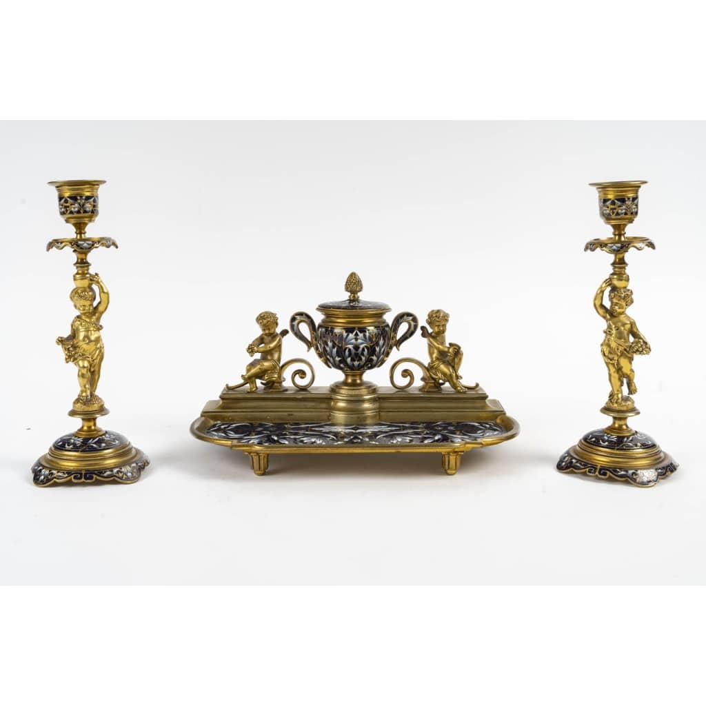 Encrier de Bureau et Bougeoirs en Bronze Doré et Émail Cloisonné – Fin XIXe siècle | Biron 