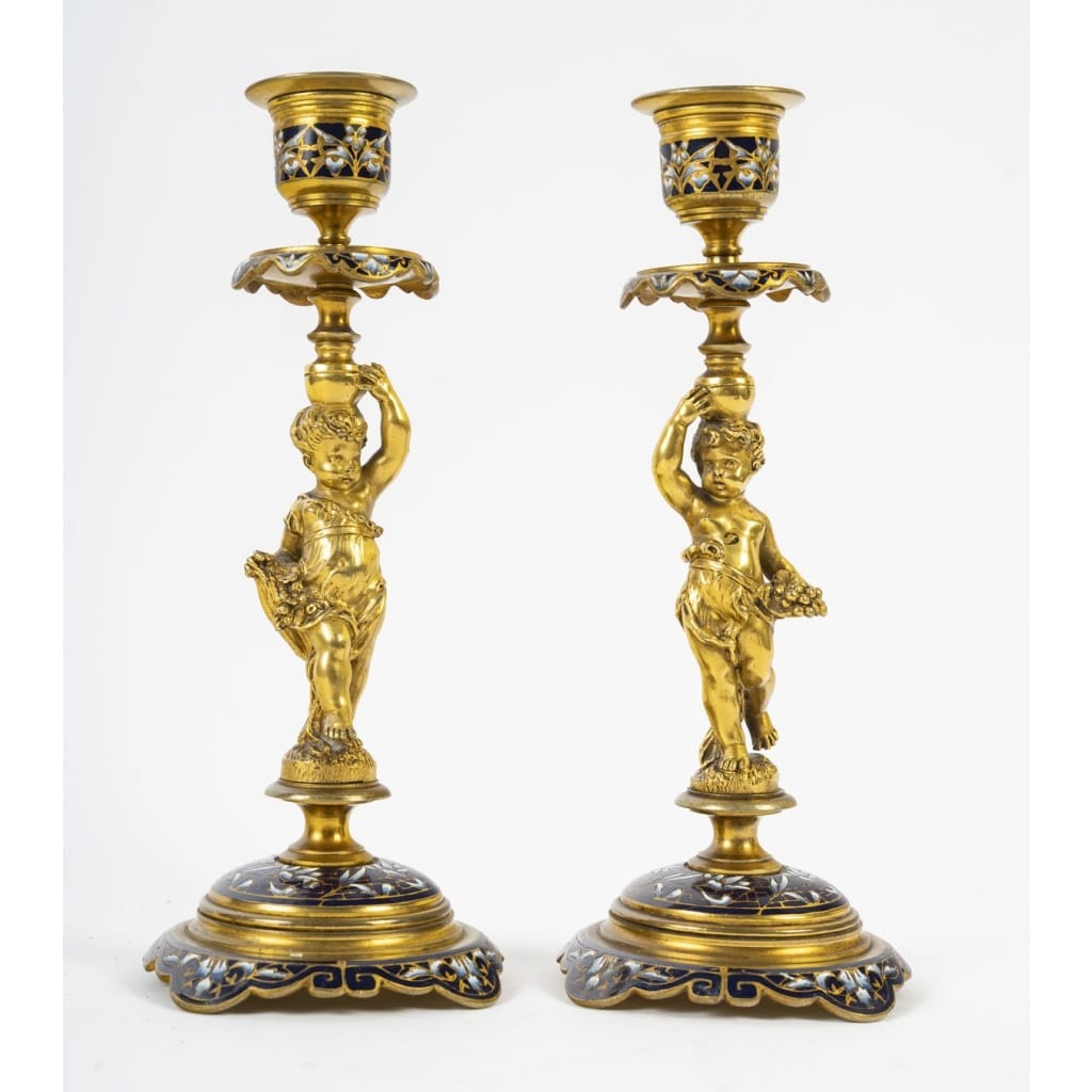 Encrier de Bureau et Bougeoirs en Bronze Doré et Émail Cloisonné – Fin XIXe siècle | Biron 