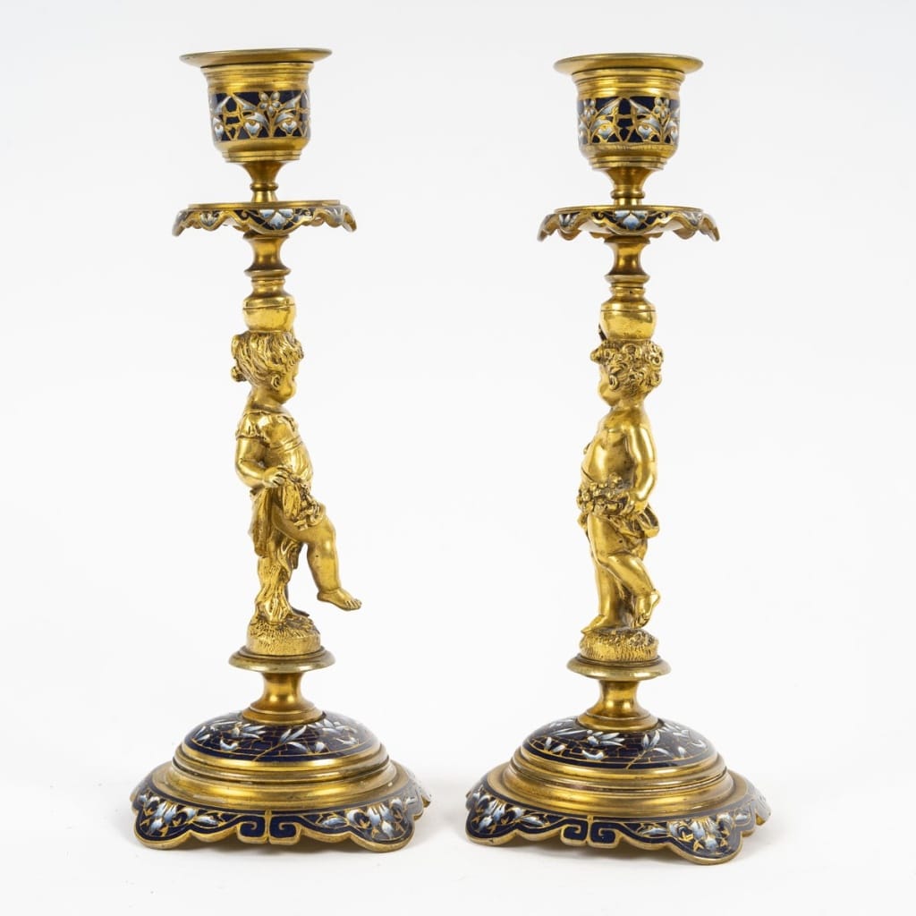 Encrier de Bureau et Bougeoirs en Bronze Doré et Émail Cloisonné – Fin XIXe siècle | Biron 
