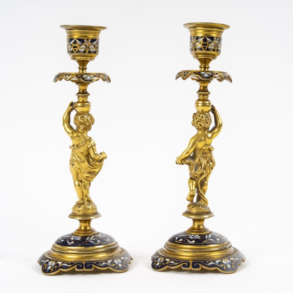 Encrier de Bureau et Bougeoirs en Bronze Doré et Émail Cloisonné – Fin XIXe siècle | Biron 