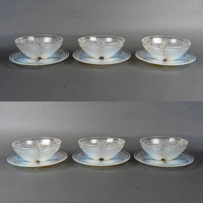 Suite de 6 bols et 6 assiettes "Coquilles" verre opalescent de René LALIQUE