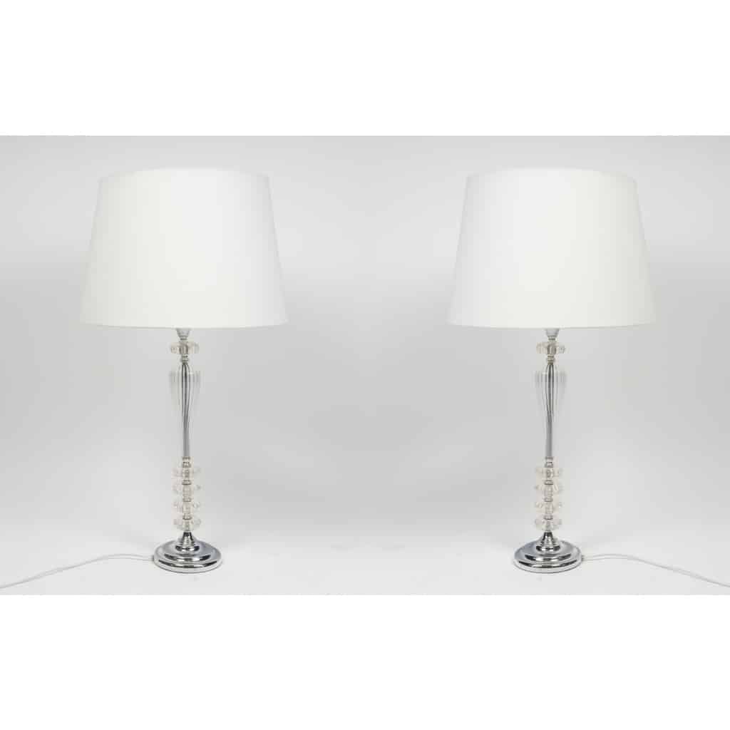 Paire de Lampes Transparentes et Abat-Jour Blanc, Style Baccarat | Biron 