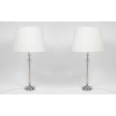 Paire de Lampes Transparentes et Abat-Jour Blanc, Style Baccarat