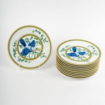Suite de 10 assiettes entrées/dessert "Toucan" porcelaine de HERMES