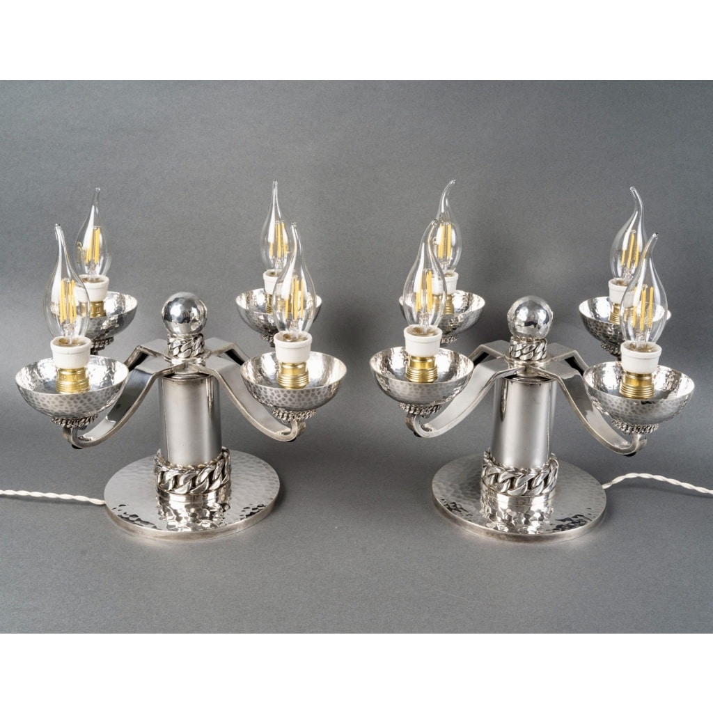 Paire de Candélabres Art Déco Moderniste métal argenté martelé de Jean DESPRES | Biron 