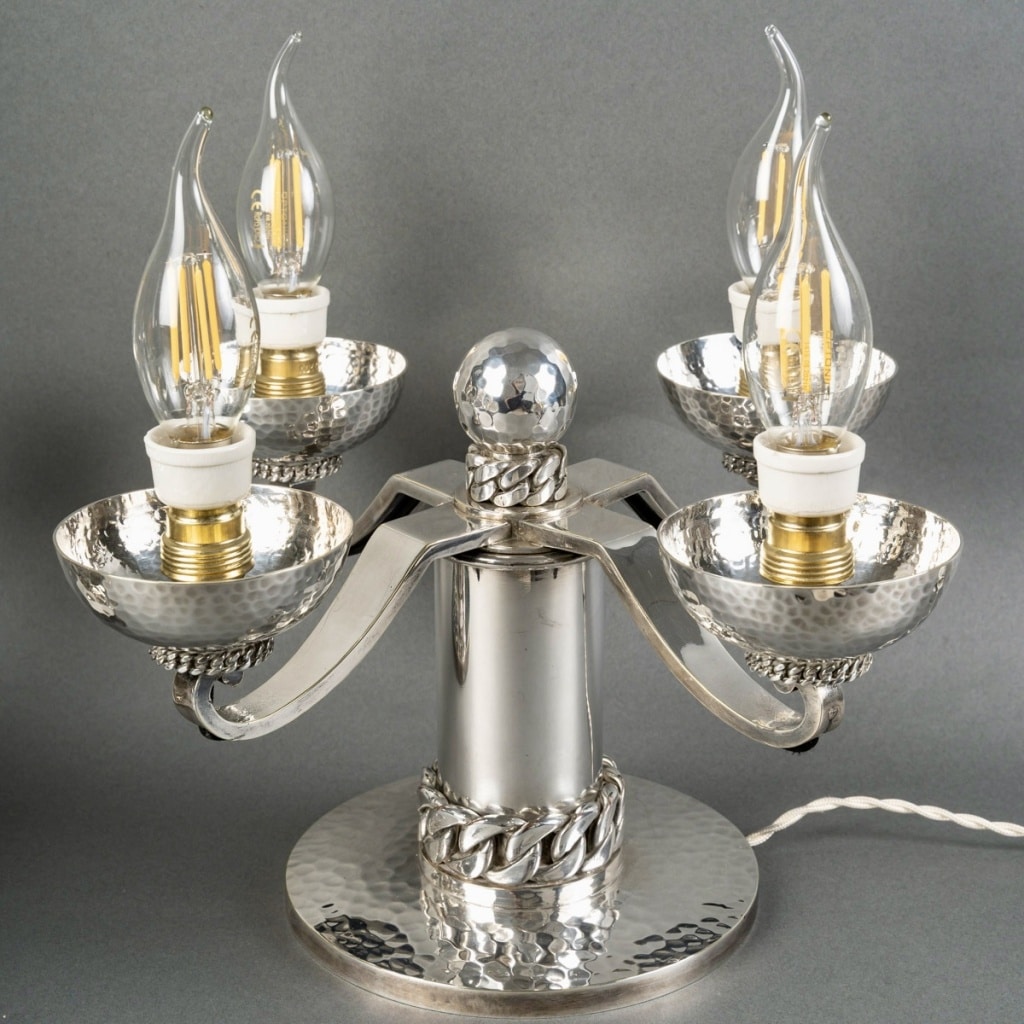 Paire de Candélabres Art Déco Moderniste métal argenté martelé de Jean DESPRES | Biron 