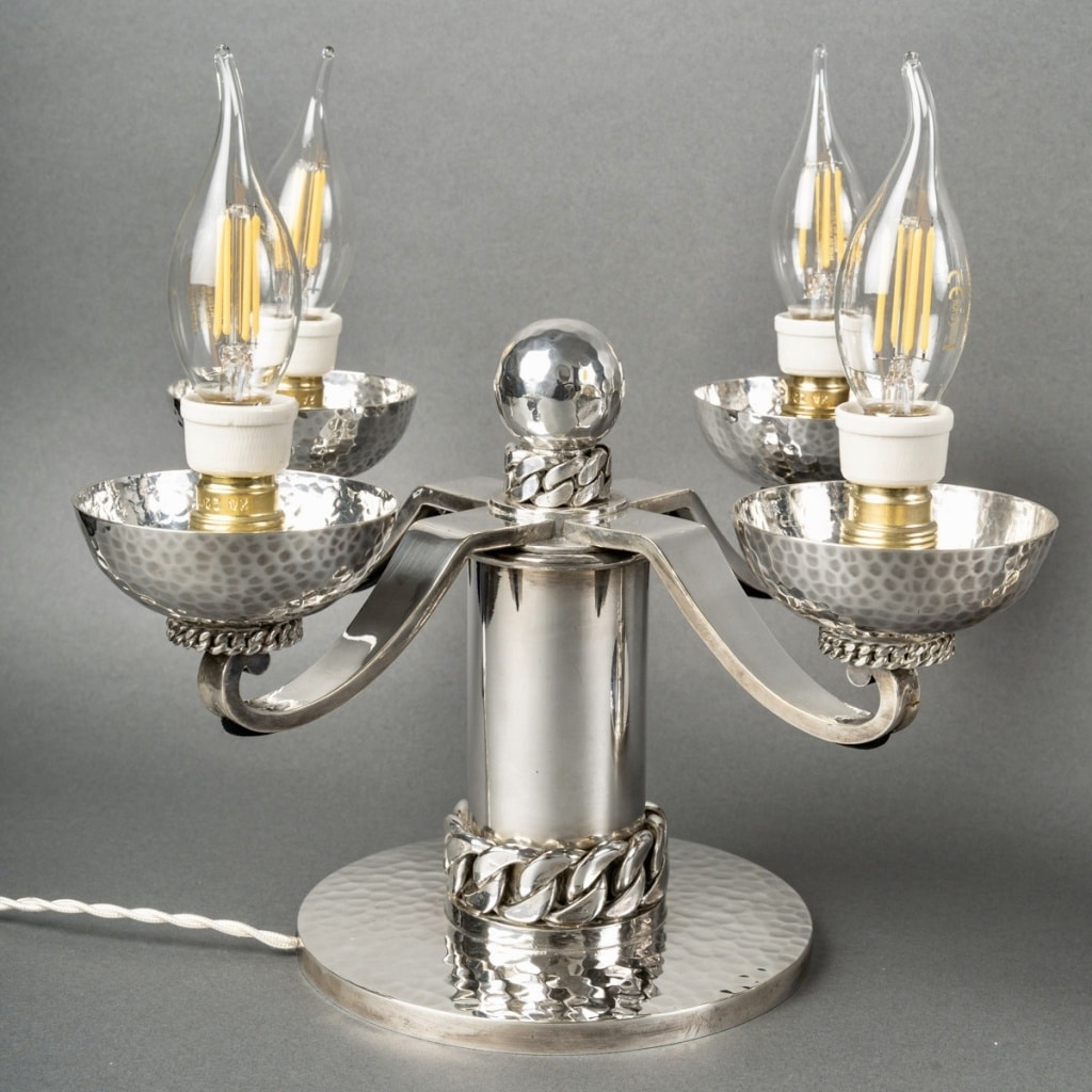 Paire de Candélabres Art Déco Moderniste métal argenté martelé de Jean DESPRES | Biron 