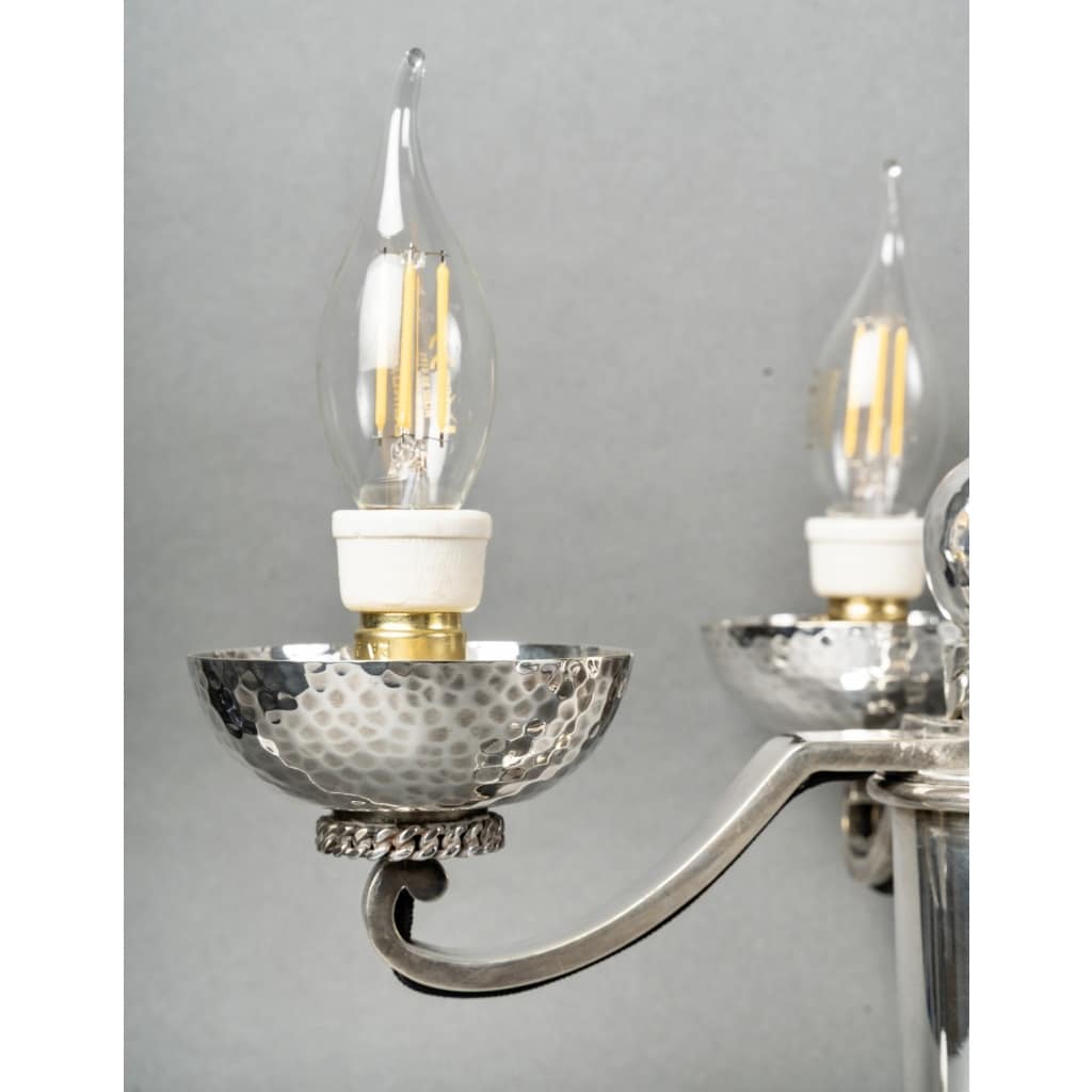 Paire de Candélabres Art Déco Moderniste métal argenté martelé de Jean DESPRES | Biron 