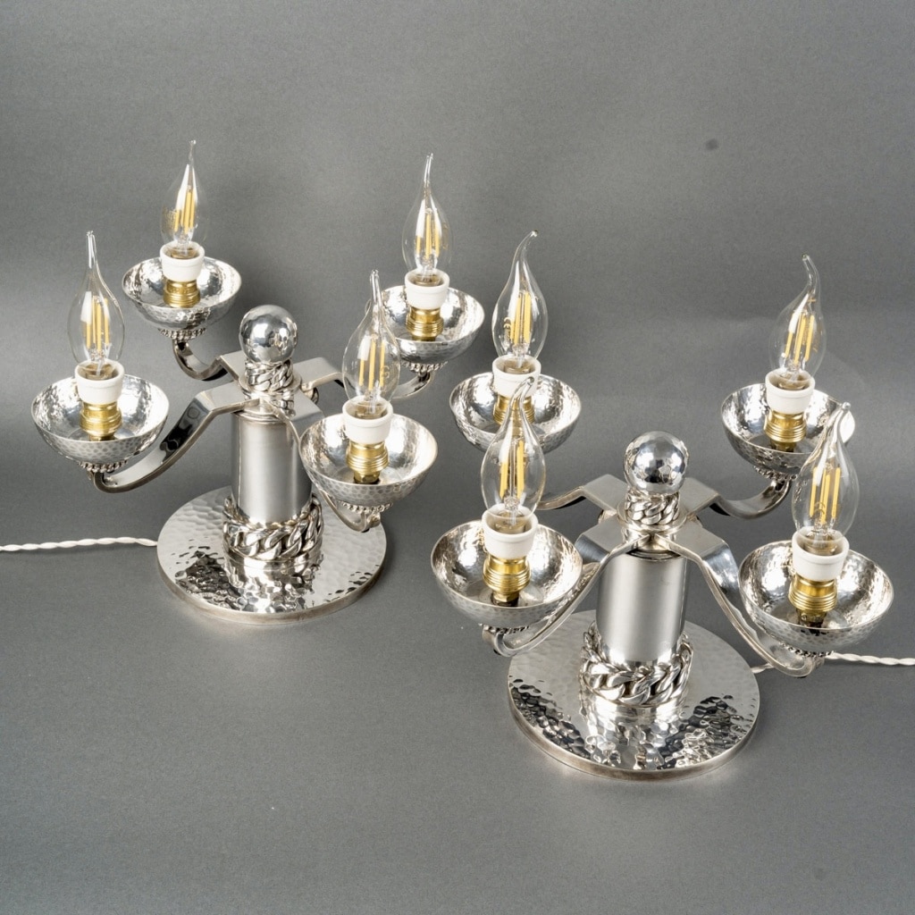 Paire de Candélabres Art Déco Moderniste métal argenté martelé de Jean DESPRES | Biron 