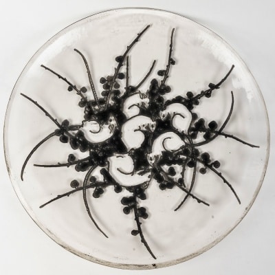 Assiette Décorative "Souris" verre blanc émaillé noir de René LALIQUE