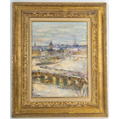 Serge Belloni (1925-2005) - Lever de soleil sur le Pont-Neuf huile sur bois vers 1980