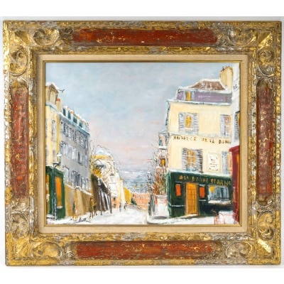 Serge Belloni (1925-2005) - La Rue des Saules sous la neige huile sur bois vers 1970