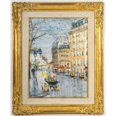 Serge Belloni (1925-2005) - La Marchande de Fleurs, chez Jeannette huile sur bois vers 1990