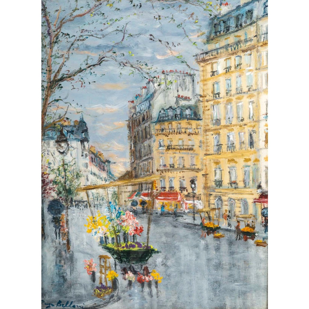 Serge Belloni (1925-2005) – La Marchande de Fleurs, chez Jeannette huile sur bois vers 1990 | Biron 
