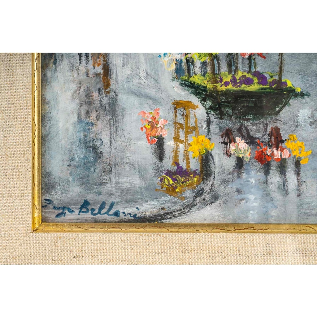 Serge Belloni (1925-2005) – La Marchande de Fleurs, chez Jeannette huile sur bois vers 1990 | Biron 