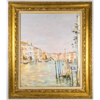 Serge Belloni (1925-2005) - Le Rialto et les Gondoles sur le Grand Canal huile sur panneau vers 1991