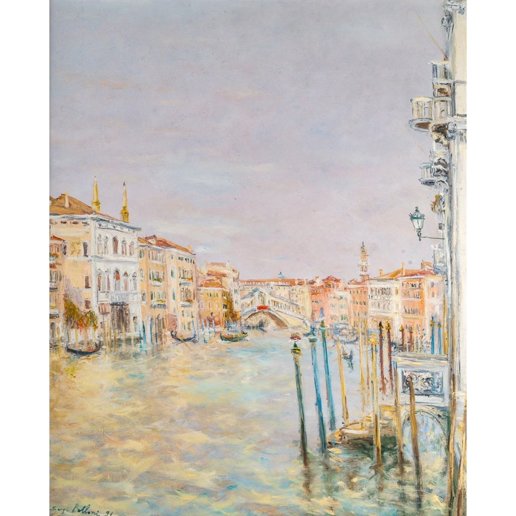 Serge Belloni (1925-2005) – Le Rialto et les Gondoles sur le Grand Canal huile sur panneau vers 1991 | Biron 