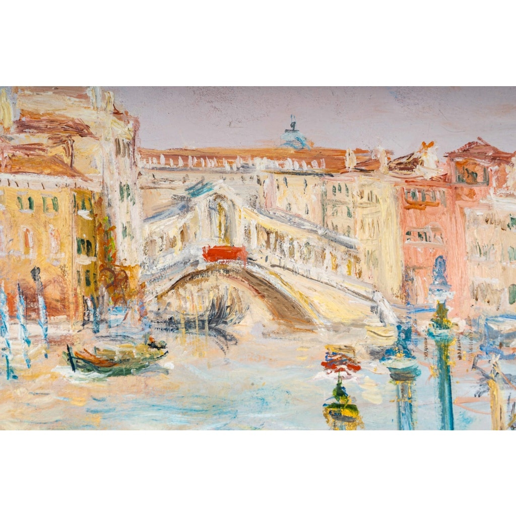 Serge Belloni (1925-2005) – Le Rialto et les Gondoles sur le Grand Canal huile sur panneau vers 1991 | Biron 