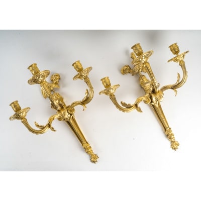 Paire d'appliques au coq en bronze doré dans le style Transition Louis XV-Louis XVI