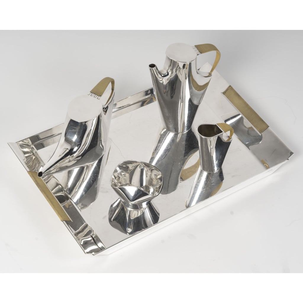 CHRISTOFLE – SABATTINI – Set Thé/Café Moderniste sur son plateau Argent Massif Circa 1957/1968 | Biron 