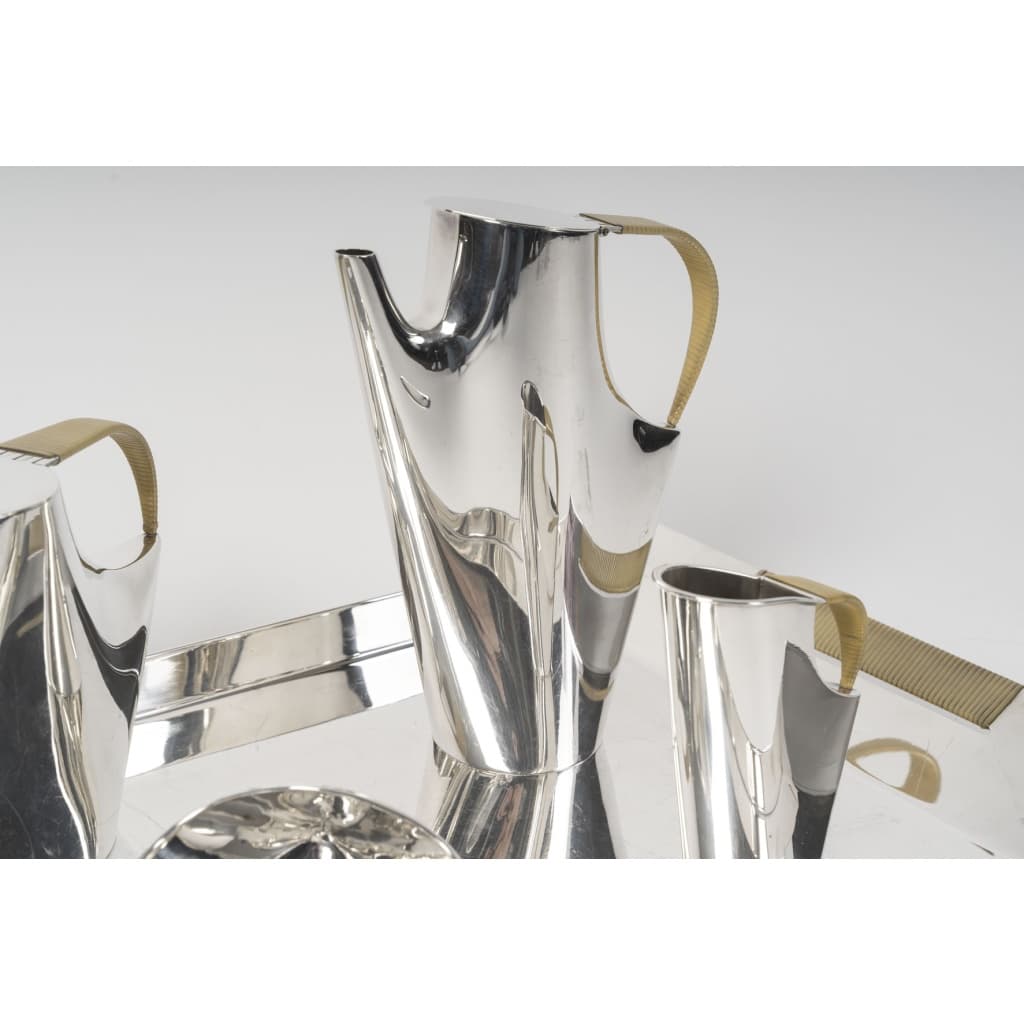 CHRISTOFLE – SABATTINI – Set Thé/Café Moderniste sur son plateau Argent Massif Circa 1957/1968 | Biron 