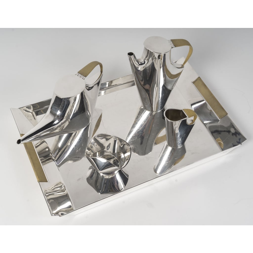 CHRISTOFLE – SABATTINI – Set Thé/Café Moderniste sur son plateau Argent Massif Circa 1957/1968 | Biron 