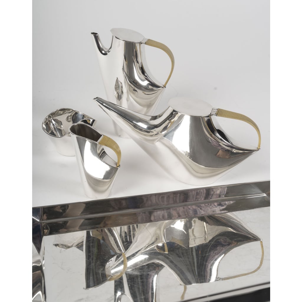 CHRISTOFLE – SABATTINI – Set Thé/Café Moderniste sur son plateau Argent Massif Circa 1957/1968 | Biron 