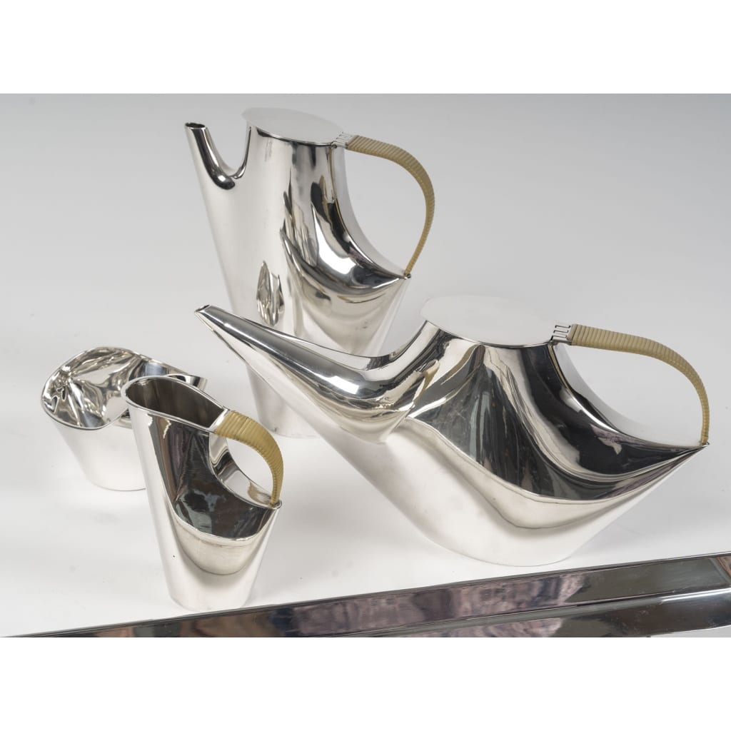 CHRISTOFLE – SABATTINI – Set Thé/Café Moderniste sur son plateau Argent Massif Circa 1957/1968 | Biron 