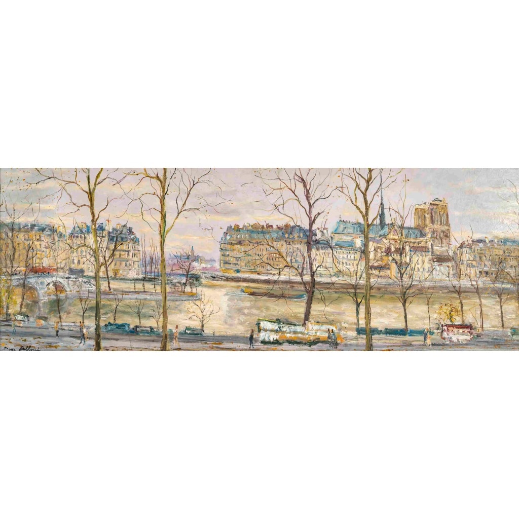 Serge Belloni (1925-2005) – Pont Louis Philippe, les Quais de Seine et Notre-Dame huile sur bois vers 1970 | Biron 