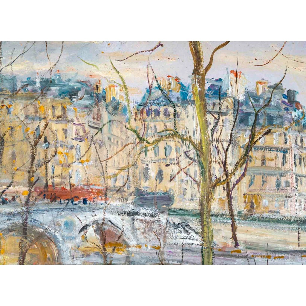 Serge Belloni (1925-2005) – Pont Louis Philippe, les Quais de Seine et Notre-Dame huile sur bois vers 1970 | Biron 