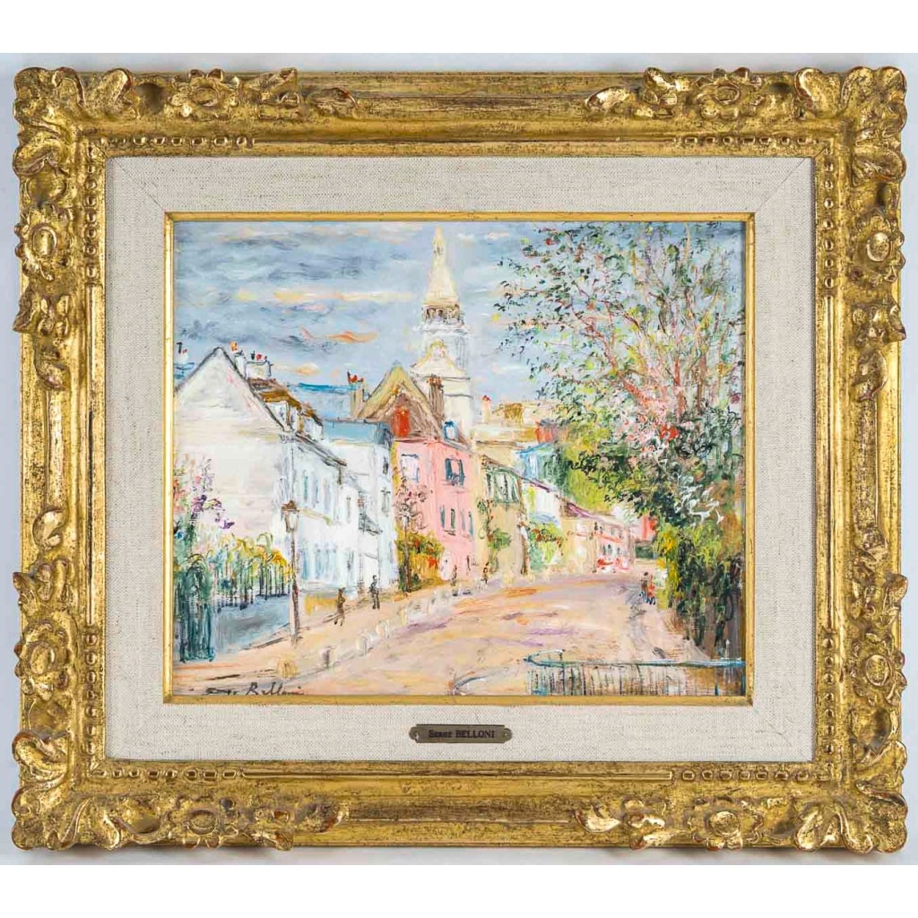Serge Belloni (1925-2005) – Montmartre Rue de l’abreuvoir au printemps huile sur bois vers 1980 | Biron 