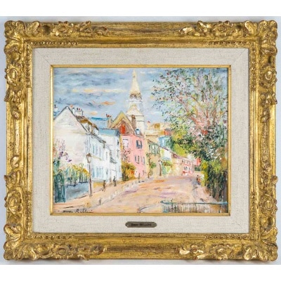 Serge Belloni (1925-2005) - Montmartre Rue de l’abreuvoir au printemps huile sur bois vers 1980