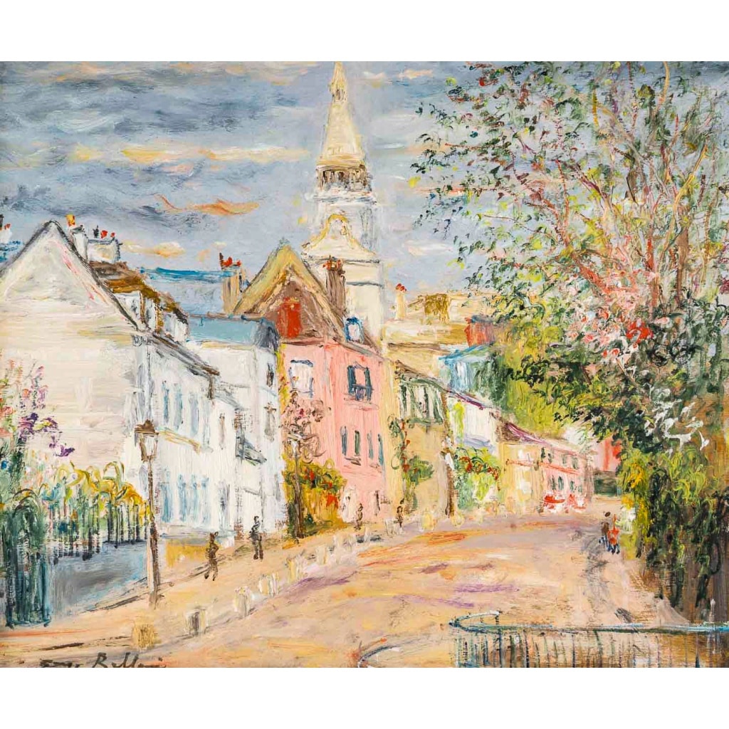 Serge Belloni (1925-2005) – Montmartre Rue de l’abreuvoir au printemps huile sur bois vers 1980 | Biron 