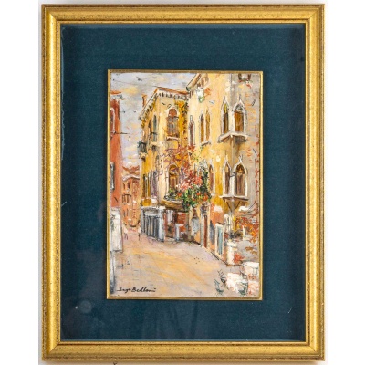 Serge Belloni (1925-2005) - Ruelle Fleurie de la Venise Authentique huile sur panneau vers 1980