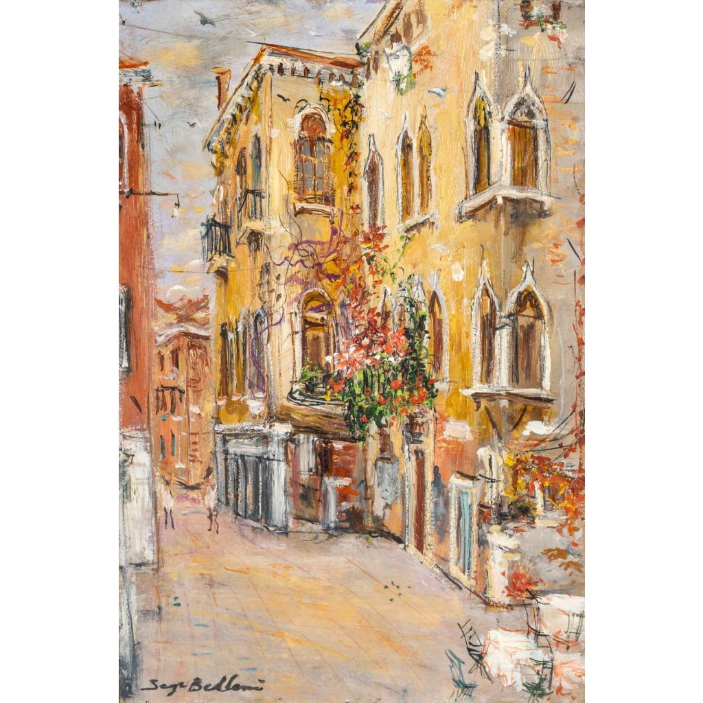 Serge Belloni (1925-2005) – Ruelle Fleurie de la Venise Authentique huile sur panneau vers 1980 | Biron 