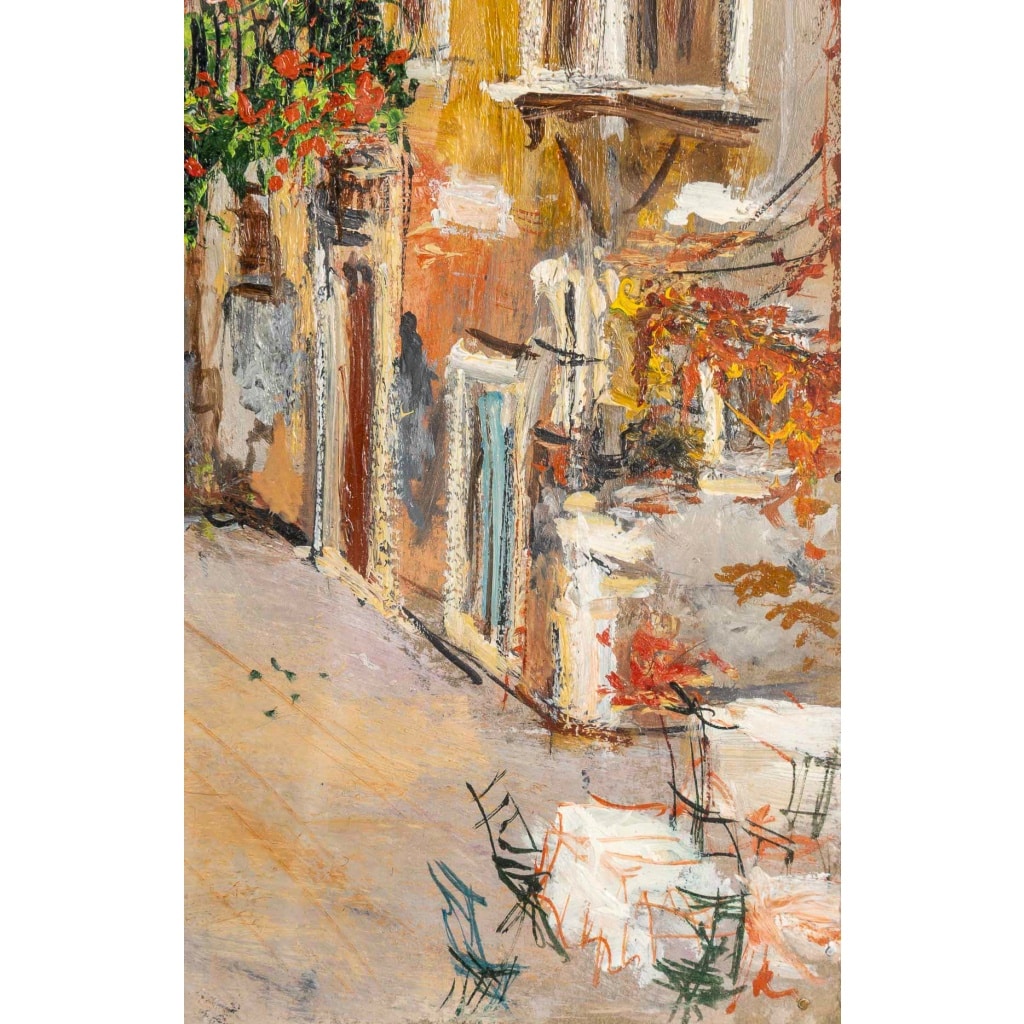 Serge Belloni (1925-2005) – Ruelle Fleurie de la Venise Authentique huile sur panneau vers 1980 | Biron 